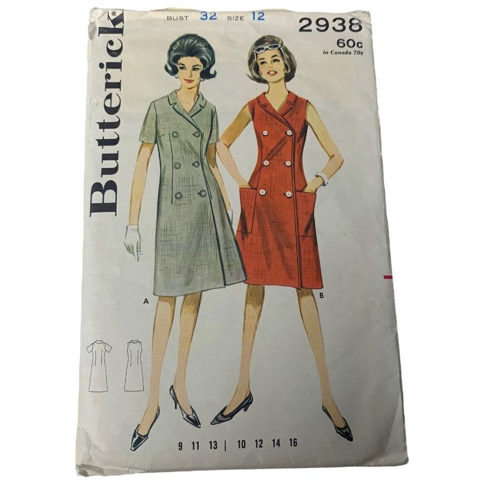 Vintage 60s Butterick 2938 Pattern Junior Misses 9-16 A Line Dress Mod Cut